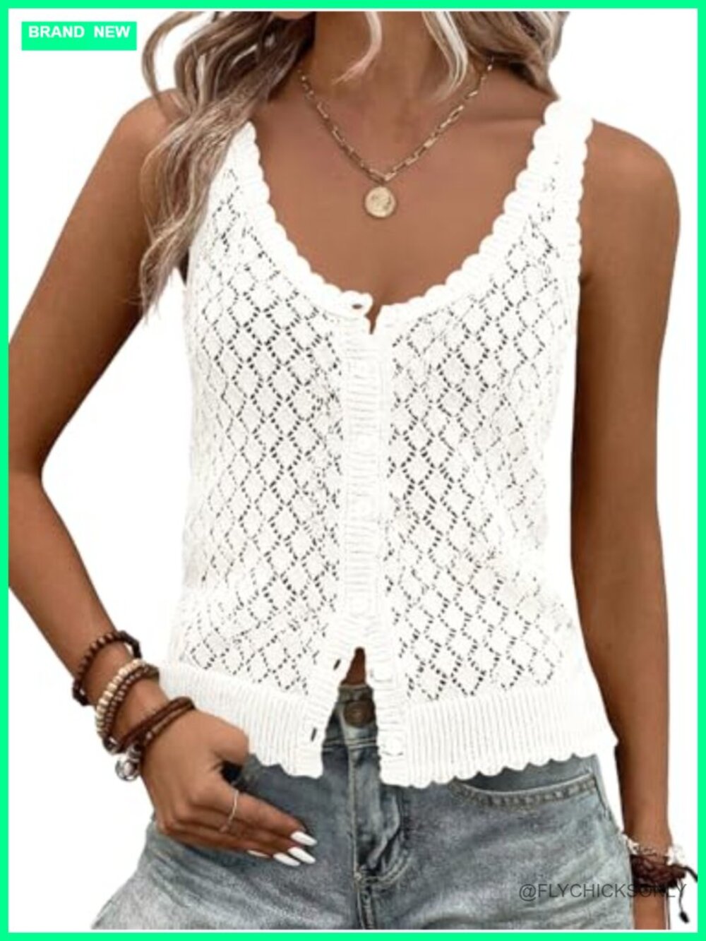 Sleeveless Crochet Knit Tank Top Boho Button Down Summer Layering Vest